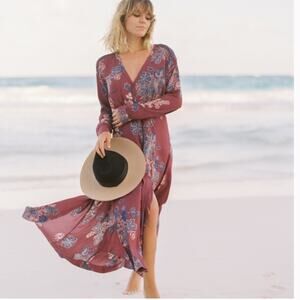 Free People Miranda Midi Dress boho floral burgundy fairy western festival Sz 2